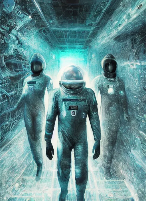 Image similar to astronauts in dark and empty void underwater poster - complex and hyperdetailed technical suit. reflection and dispersion materials. rays and dispersion of light. volumetric light. 5 0 mm, f / 3 2. noise film photo. flash photography. ultra realistic, wide angle. poster by wayne barlowe, hajime sorayama aaron horkey, craig mullins