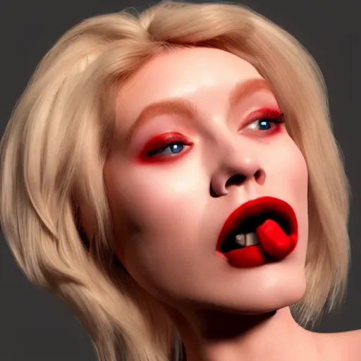 Prompt: a 3 d render of a lusty blonde woman with lucious red lips opening her mouth and sticking out her tongue ue 4 photorealism artstation