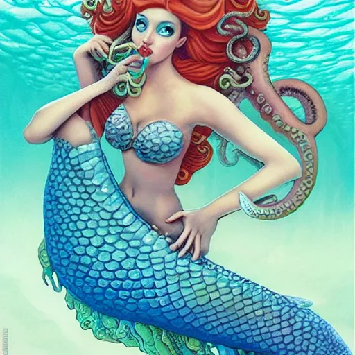 Prompt: lofi underwater mermaid portrait with an octopus, Pixar style, by Tristan Eaton Stanley Artgerm and Tom Bagshaw.