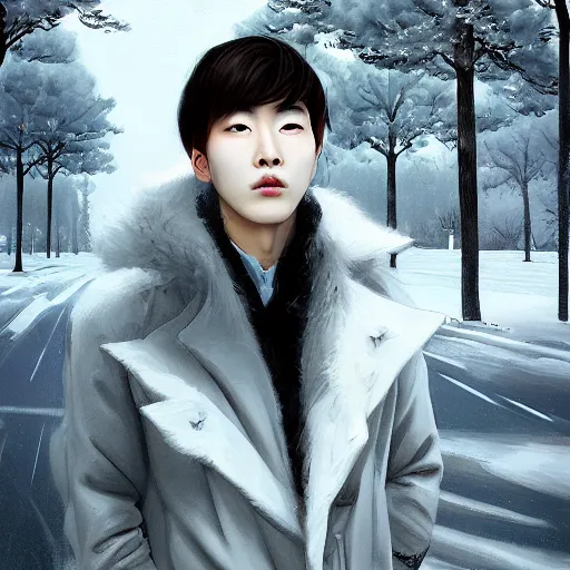 Image similar to beautiful snow - covered korean young man posing on road in park with pines, dressed in leather coat, half - length portrait, perfect symmetrical eyes, cinematic by peter mohrbacher, detailed, hyperrealism