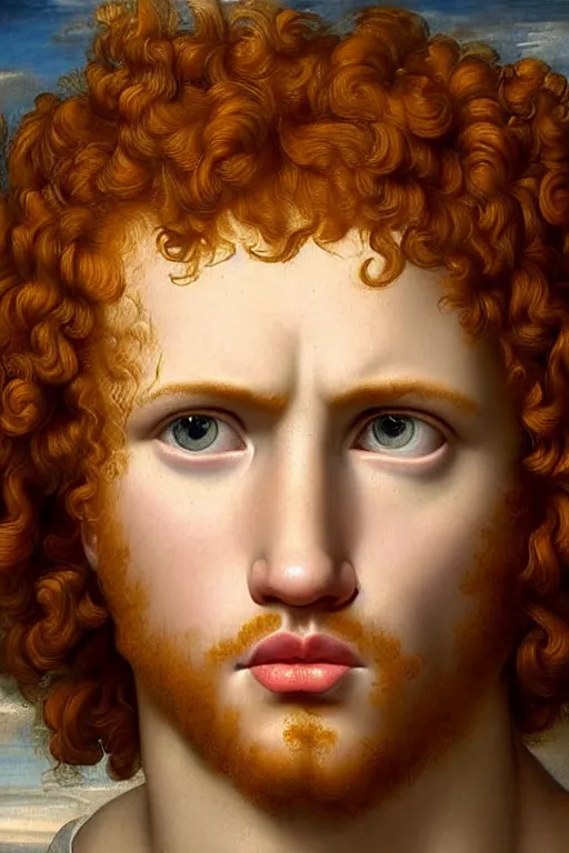 Prompt: renaissance painting of beautiful redhead man, curly hair, pleading face, tears dripping from the eyes, emotions closeup, dressed in roman armour, ultra detailed, made in bronze, art by Guido Reni style, Vincenzo Catena style