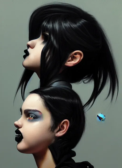 Image similar to portrait of a plump teenager with a crooked nose and a confident expression, 1 9 6 0 s, black clothes, goth, punk, brightly coloured hair, funk, intricate, elegant, highly detailed, digital painting, artstation, concept art, smooth, sharp focus, illustration, art by wlop, mars ravelo and greg rutkowski