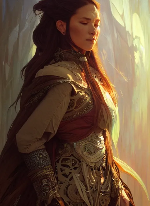 Image similar to portrait of futuristic shaman, fantasy, medieval wear, intricate, elegant, highly detailed, digital painting, artstation, concept art, smooth, sharp focus, illustration, art by artgerm and greg rutkowski and alphonse mucha