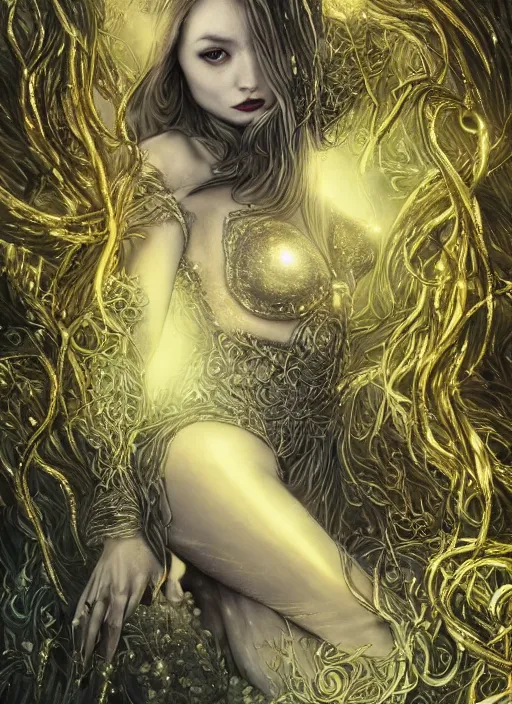 Image similar to glowing silver and golden elements, full close-up portrait, Faye Reagan as a dark witch, book cover, green forest, white moon, red lips, establishing shot, extremly high detail, photo-realistic, cinematic lighting, pen and ink, intricate line drawings, by Yoshitaka Amano, Ruan Jia, Kentaro Miura, Artgerm, post processed, concept art, artstation, matte painting, style by eddie, raphael lacoste, alex ross