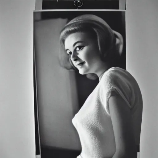 Image similar to a vintage 1 9 6 0 s kodachrome slide of a portrait of a young lady posing in a photographer's studio. she is wearing a white - collared dress in the fashion of the 1 9 6 0 s.