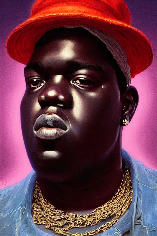 Image similar to portrait of notorious big with hat, staring directly into camera, intricate, elegant, glowing lights, highly detailed, digital painting, artstation, sharp focus, illustration, art by wlop, mars ravelo and greg rutkowski