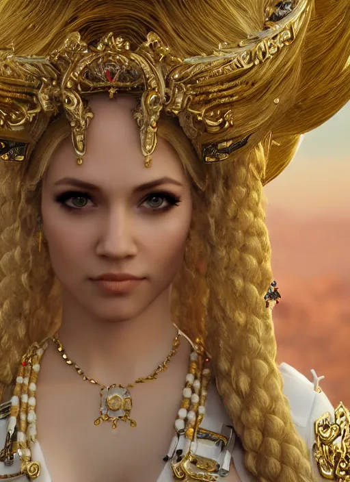 Image similar to a photo of 8 k ultra realistic humanoid princess with long blonde hair, standing next to a beautiful view, ornate white officers outfit with gold embellishments, cinematic lighting, trending on artstation, 4 k, hyperrealistic, focused, extreme details, unreal engine 5, cinematic, masterpiece