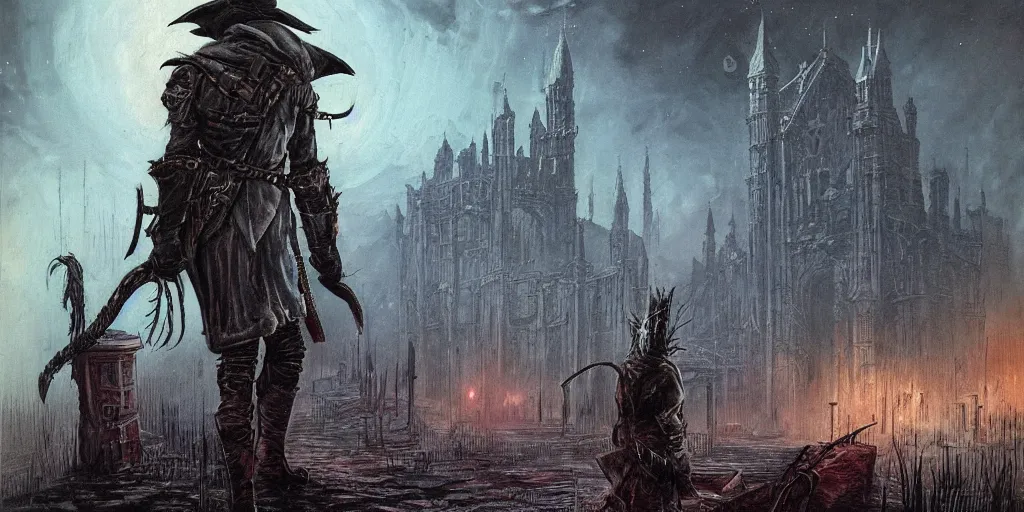 Prompt: a hunter from bloodborne on a space yharnam, retrofuturism, faded color, for 1 9 7 0 s'sci - fi, by malcolm smith