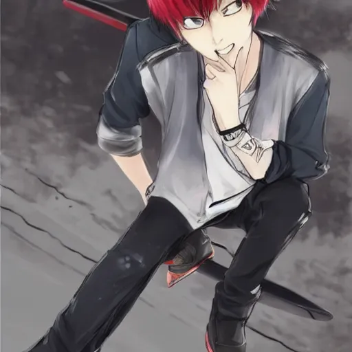 Image similar to Ken Kaneki, holding a skateboard, Hiroaki Tsutsumi style