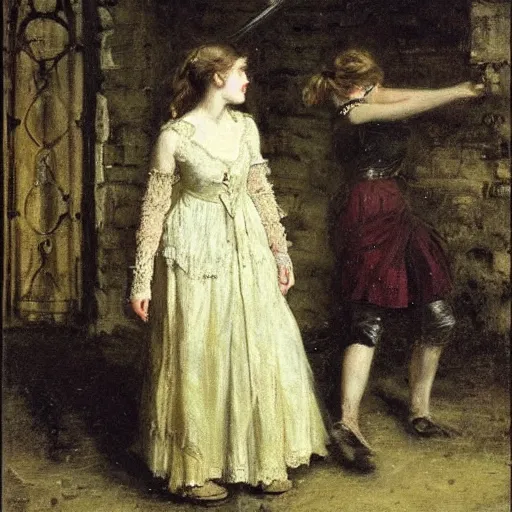 Image similar to young victorian woman lost in a dungeon fighting a monster, by alfred stevens