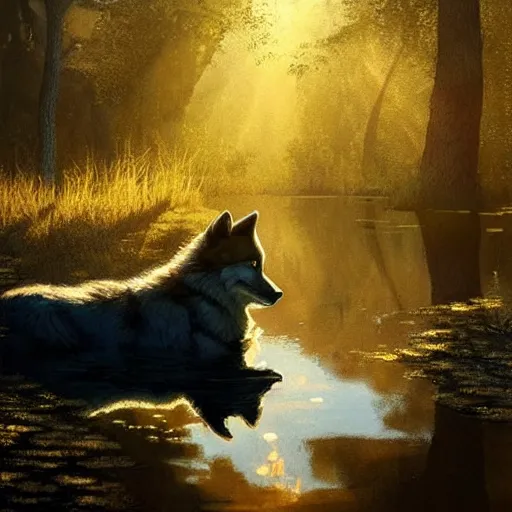 Image similar to A wolf sitting alone in a pond, golden sunlight, evening, beautiful, sad, artstation greg rutkowski