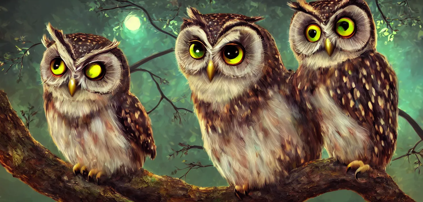 Prompt: owl magic forest, cute friendly crazy owl closeup with beauty eyes sitting on a tree branch, in the style of craola, shallow depth of field, highly detailed, digital painting, trending artstation, concept art, illustration, cinematic lighting, vibrant colors, photorealism, epic, octane render