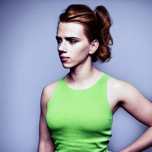 Image similar to a woman who is a genetic combination of scarlett johansson and emma watson face and upper - body focus