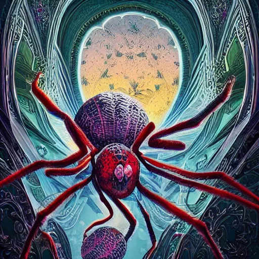 Prompt: arachnophobia, acrilic paint, digital, artstation, detailed intricate ink illustration, heavenly atmosphere, digital art, overdetailed art, concept art, complementing colors, trending on artstation, cgstudio, the most beautiful image ever created, dramatic, subtle, details, award winning artwork, beautiful scenery