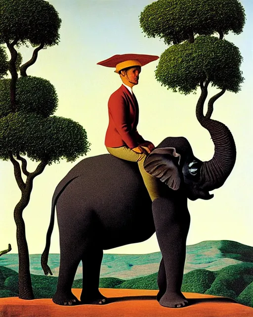 Prompt: portrait of adam ondra riding an elephant by magritte