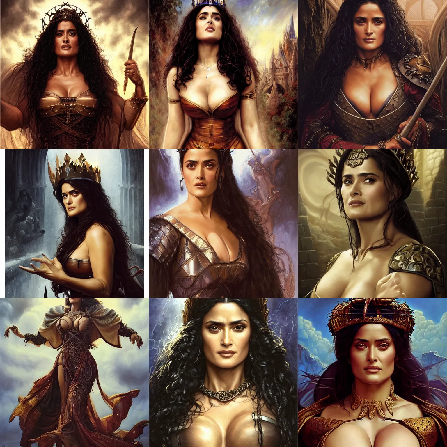 Prompt: Salma Hayek as a beautiful Medieval Queen by Gerald Brom +Mark Arian +Stanley Artgerm Lau +WLOP , extremely detailed , hyper realistic ,smooth, sharp focus