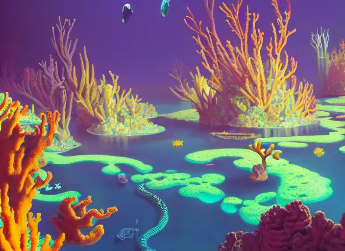 Image similar to a luminescent coral reef by paolo eleuteri serpieri and tomer hanuka and chesley bonestell and daniel merriam and tomokazu matsuyama, unreal engine, high resolution render, featured on artstation, octane, 8 k, highly intricate details, vivid colors, vector illustration, rainbow colors