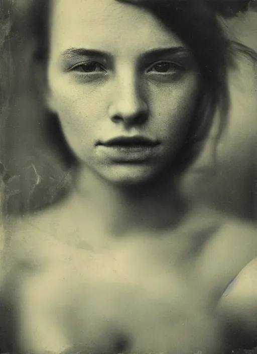 Image similar to dreamy close up portrait of a young women, photo realistic, elegant, award winning photograph, parallax, cinematic lighting, ambrotype wet plate collodion by martin shuller, richard avedon dorothe lange and and shane balkowitsch