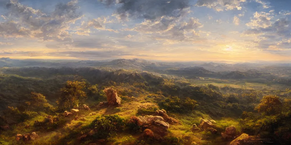 Image similar to a breathtaking landscape from a hilltop, cinematic lighting, detailed oil painting, hyperrealistic, 8k