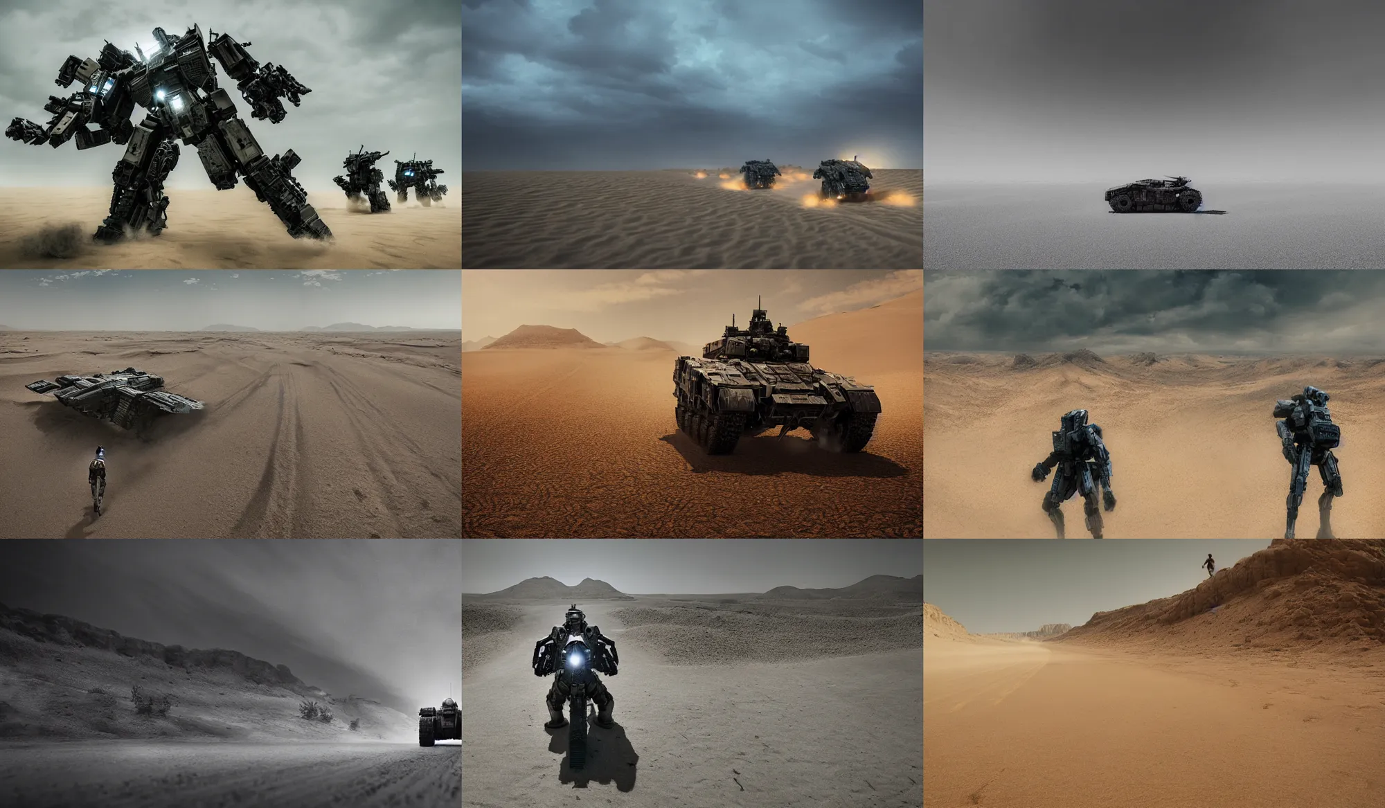 Prompt: armored core v running across the open desert, empty desert, sand, karst landscape, wide shot ; dynamic contrast, bokeh, motion blur, photoreal, cinematic, digital art by liam wong
