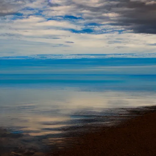 Prompt: a still plain of endless water across the horizon, with a slightly cloudy blue sky above it and reflected within it