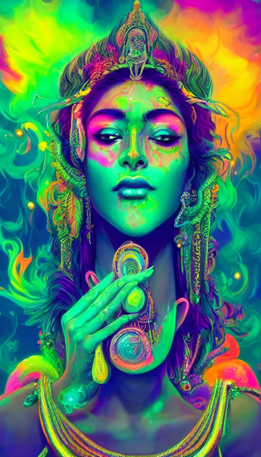 Image similar to a beautiful indian goddess engulfed in colorful liquid smoke and neon clouds, a colorful psychedelic experience, dmt, lsd, face, highly detailed, artstation, concept art, matte, sharp focus, illustration, digital art by hana yata, and artem demura and beeple, octane render, unreal engine, 8 k