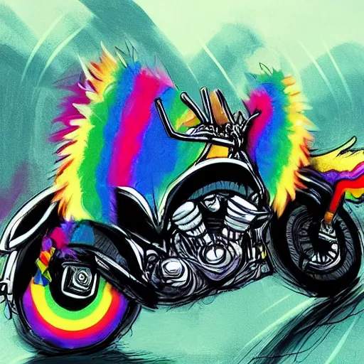 Image similar to wide angle full body, jacket wearing fluffy cute rainbow kitten wearing a black leather motorcycle jacket, riding on a motorcycle, cinematic concept art