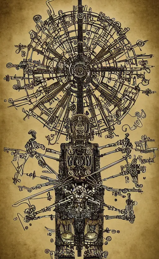 Image similar to anatomy of the vitruvian terminator, robot, cyborg, t 1 0 0, bloodborne diagrams, mystical, intricate ornamental tower floral flourishes, rule of thirds, technology meets fantasy, map, infographic, concept art, art station, style of wes anderson