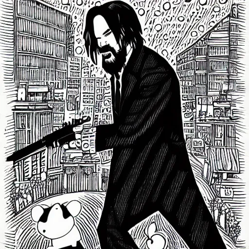 Prompt: mcbess illustration of john wick in the rain