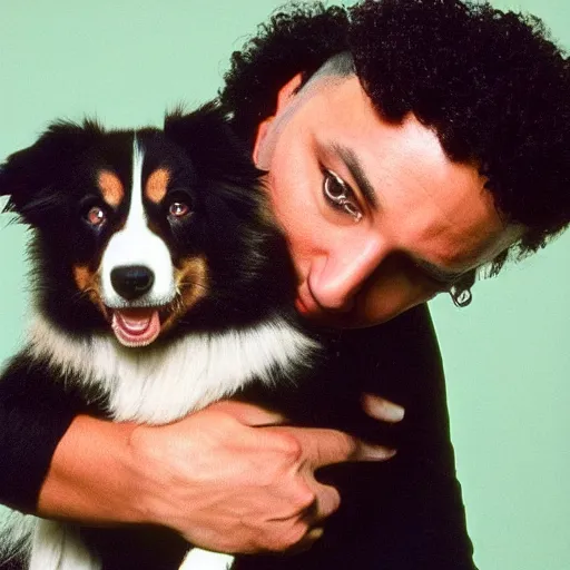 Image similar to Kanye West holding a Border Collie for a 1990s sitcom tv show, Studio Photograph, portrait C 12.0