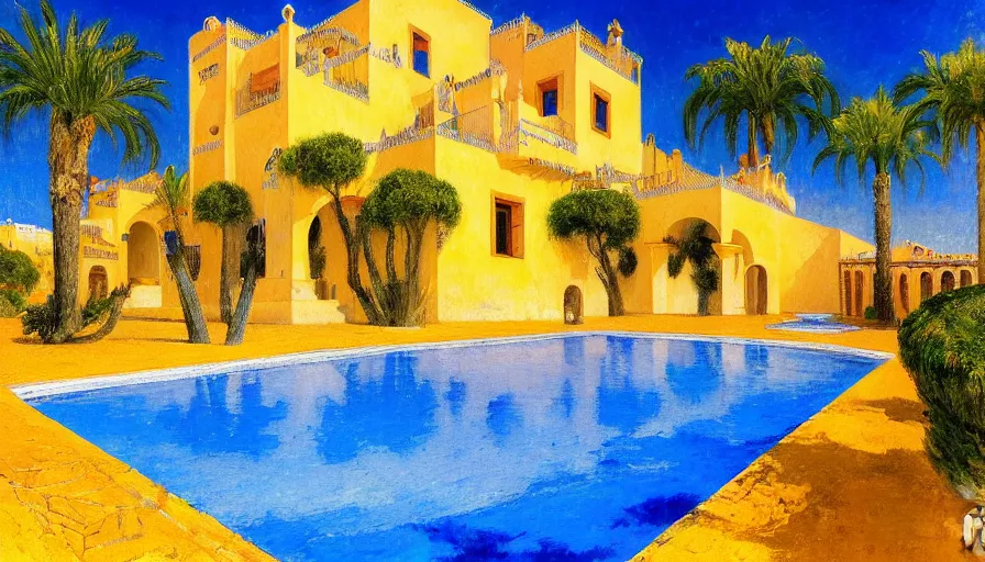 Prompt: a 1 9 9 8 southern spain palace!!! costa blanca, designed by cheval michael, bispo do rosario, arnold bocklin, tarsila do amaral and gustave baumann, jules bastien - lepage, warm, mediterranean, star, sharp focus, colorful refracted sparkles and lines, soft light, 8 k 4 k