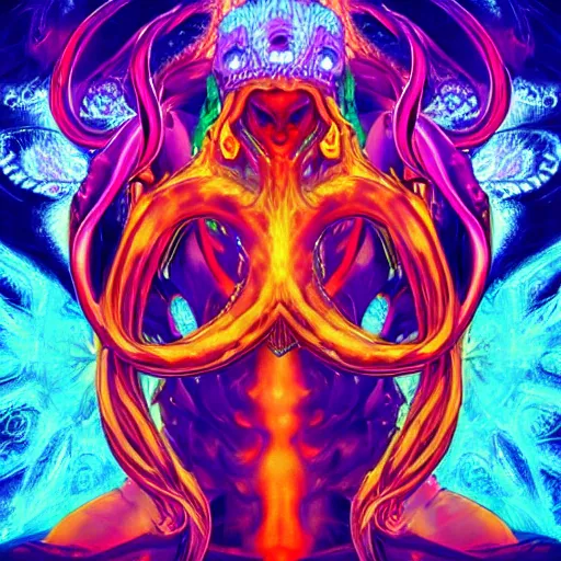 Image similar to 4 k stylized neon headshot of godlike cthulhu with defined arms and open hands and bloody clothes with giant mandala wings, intricate face, flawless anime cel animation by kentaro miura, psychedelic, highly detailed upper body, professionally post - processed, beautiful, scary, symmetry accurate features, epic, octane rendered, anime masterpiece, accurate