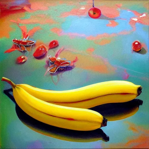 Image similar to oil painting impressionist time flies like an arrow, fruit flies like a banana, whimsical, detailed,