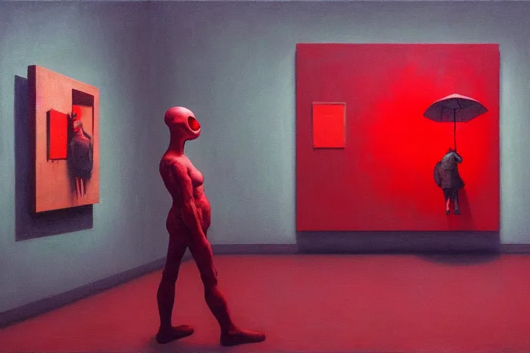 Image similar to only with red, red art thieves with disney masks, in a museum with contemporary art paintings, in the style of beksinski, parts by edward hopper, parts by rodcenko, parts by yue minjun, intricate and epic composition, red by caravaggio, insanely quality, highly detailed, masterpiece, red light, artstation, 4 k