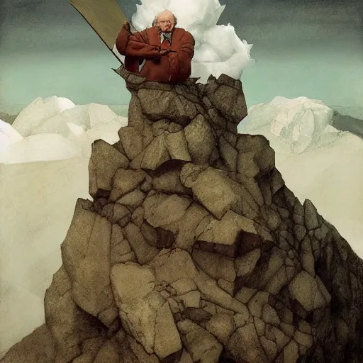 Image similar to Portrait Portrait of the Nimbus Cloud King emerging from poofy marshmallow coat whilst standing atop a cloud-covered mountain peak paul klee andrew wyeth edawrd hopper tom bagshaw stanton feng bastien lecouffe-deharme tombow oil painting