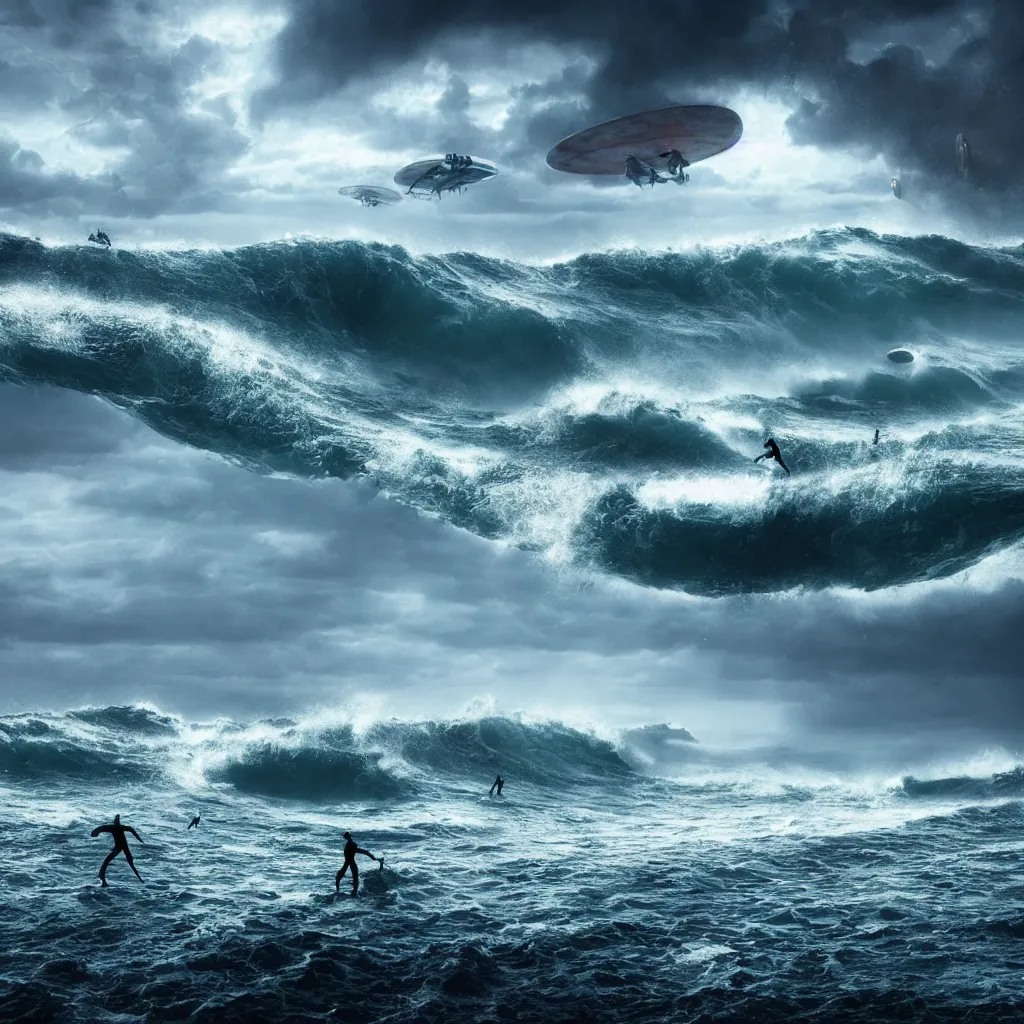 Prompt: post - apocalyptic ocean with surfers riding dark waves, gloomy sky with flying ufo ships, galactic alien war, hyper - realistic, photo render, sharp lines, detailed, octane render