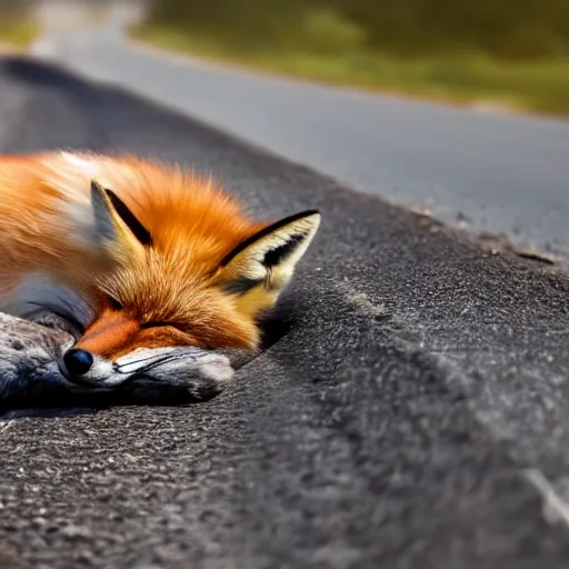 Prompt: a fox sleeping on a suv, side of the road, sunny, hyperrealistic, 4 k, contest winning photography