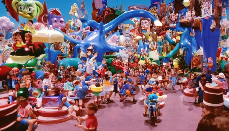 Image similar to 1990s photo of inside the Magic Cats Silly Hat Town ride at Disney World in Orlando, Florida, children riding on tiny ice cream trucks through a Gnome village , slime mice, Bears, business men, cinematic, UHD