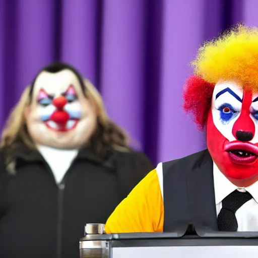 Image similar to president with clown makeup in a podium next to an angry first minister