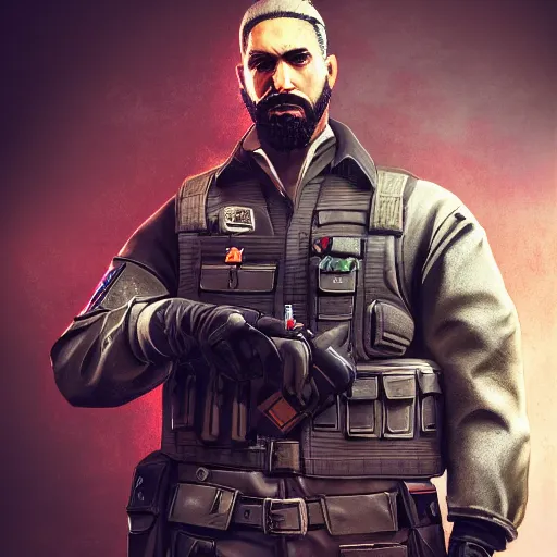 Prompt: a portrait of a Kaid from Rainbow Six Siege, ,operator, military , game concept art, illustration, HDR, natural light, shoulder level shot, dynamic pose, award winning photograph, Mucha style, 8k,
