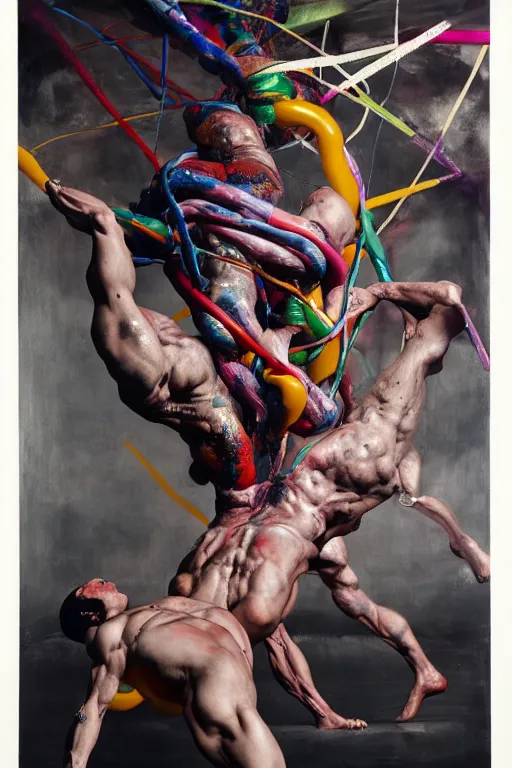 Prompt: muscular men entwined together, floating in space, zero gravity, inside a brutalist space ship, gothic, rich deep colours, painted by francis bacon, adrian ghenie, james jean and petra cortright, part by gerhard richter, part by jenny saville, part by takato yamamoto. 8 k 3 d epic