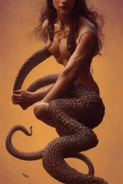 Image similar to Portrait of an anthropomorphic snake-woman, cinematic lighting, intricate, rugged, highly detailed, digital painting, normal hands, normal legs, artstation, smooth, sharp focus, illustration, art by artgerm and greg rutkowski and alphonse mucha and Wayne Barlowe and william-adolphe bouguereau