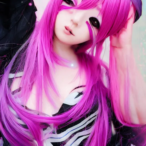 Image similar to aesthetic, e - girl, anime cosplay, cute, adorable, 4 k, hyper realistic, purple - pink hair, warmth, night - time, dark colors and hightlights, mood