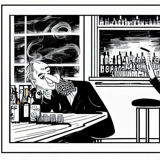 Image similar to An oldman, smoking, in a bar, Graphic Novel style , Wide Angle