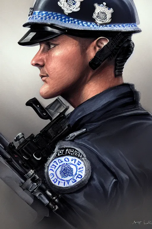 Image similar to police officer, greater manchester police, highly detailed, digital art, sharp focus, trending on art station