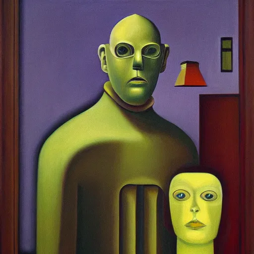 Image similar to super - intelligent robot with kind eyes portrait, grant wood, pj crook, edward hopper, oil on canvas