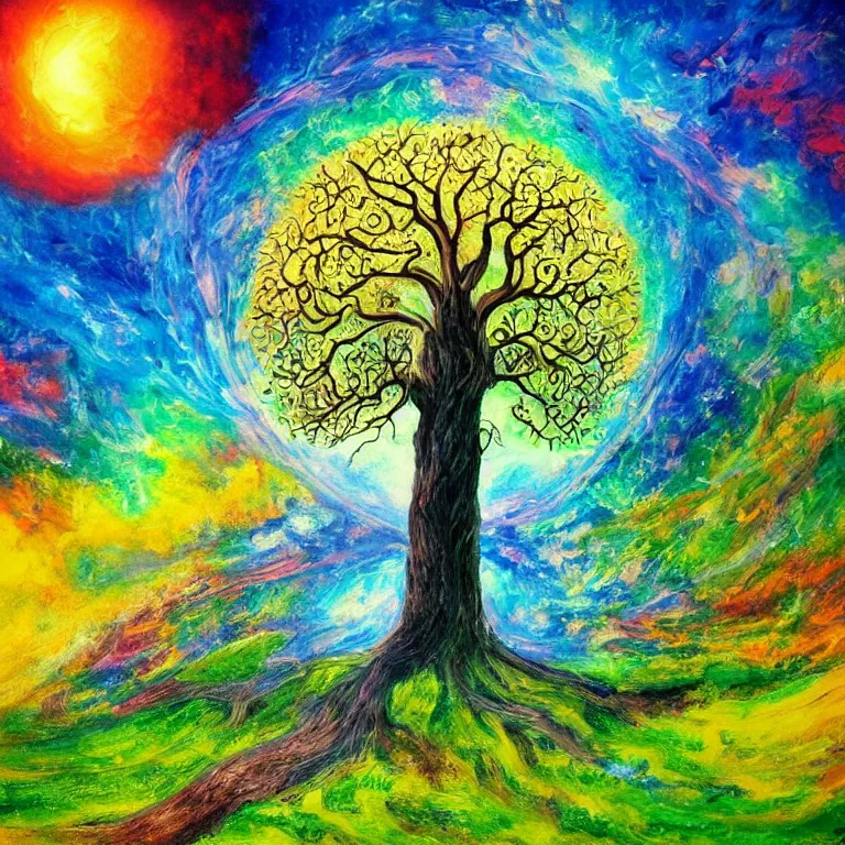 Prompt: a beautiful painting of a portal to infinite creativity tree of life on a hill, abstract landscape, 8 k, photorealism, hyper detailed