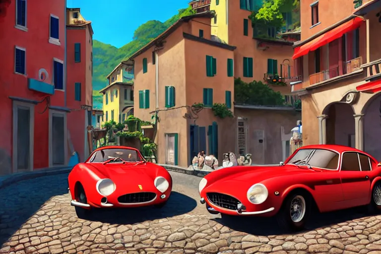 Image similar to a wholesome animation key shot of!! one!! focused!! ferrari 2 5 0 gt!! in beautiful cinque terre italian street, medium shot, studio ghibli, ( pixar ) and disney animation, sharp, very detailed, high resolution, rendered in unreal engine 5, anime key art by greg rutkowski, bloom, dramatic lighting