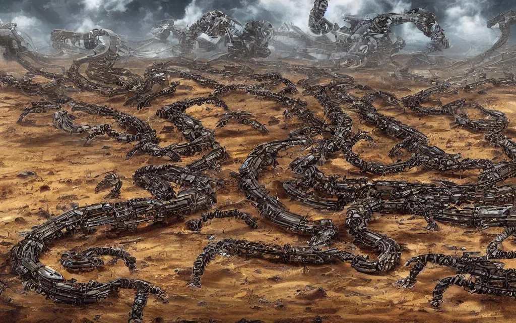 Image similar to gigantic robotic centipede travelling across a broken landscape