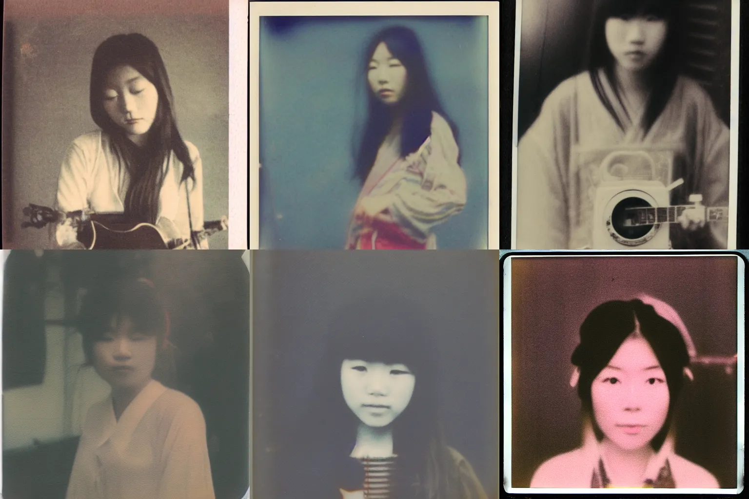 Prompt: Polaroid of a young female japanese folk singer, very hazy, faded, 1976